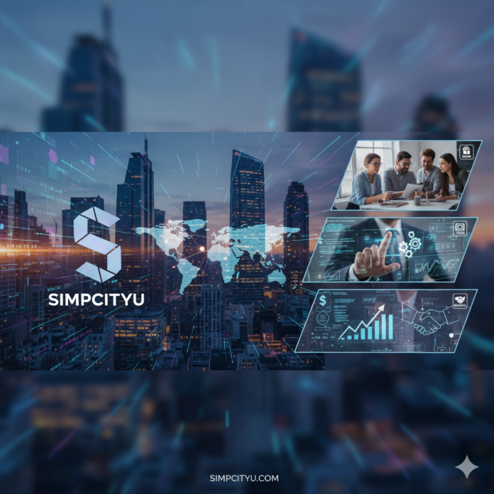 What is Simpcity meaning explained with social media icons and modern city illustration